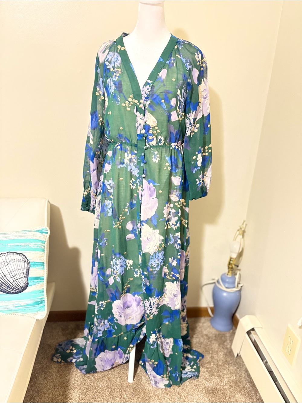Green Floral High-Low Maxi Dress with V-Neck